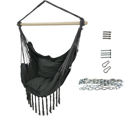 Tepee Supplies Hanging Rope Swing Hammock Chair with Side Pocket & Wooden Spreader Bar Grey TE3314841